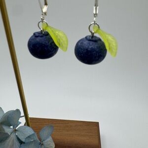 Playful Blueberry Earrings with Leaf Accents